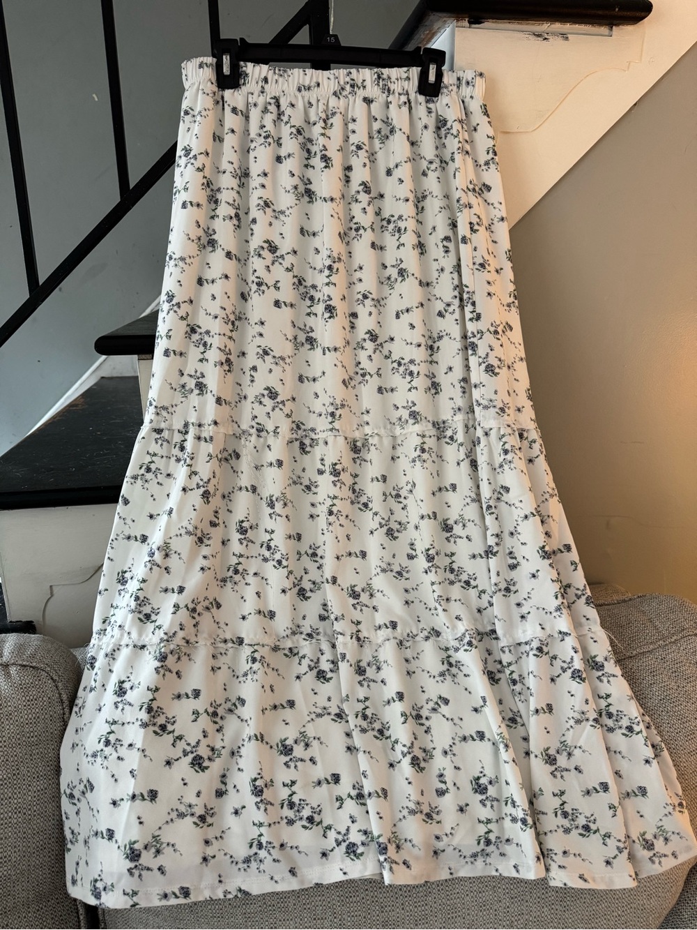 White Floral Tiered Maxi Skirt with Elastic Waist